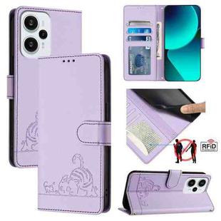 For Xiaomi POCO F5 Cat Rat Embossed Pattern RFID Leather Phone Case with Lanyard(Purple)