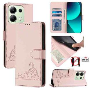 For Xiaomi Redmi Note 13 4G Global Cat Rat Embossed Pattern RFID Leather Phone Case with Lanyard(Pink)