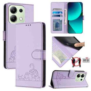 For Xiaomi Redmi Note 13 4G Global Cat Rat Embossed Pattern RFID Leather Phone Case with Lanyard(Purple)