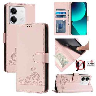 For Xiaomi Redmi Note 13 5G Global Cat Rat Embossed Pattern RFID Leather Phone Case with Lanyard(Pink)