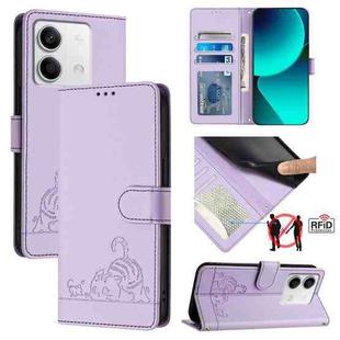 For Xiaomi Redmi Note 13 5G Global Cat Rat Embossed Pattern RFID Leather Phone Case with Lanyard(Purple)