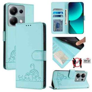 For Xiaomi Redmi Note 13 Pro 4G Global Cat Rat Embossed Pattern RFID Leather Phone Case with Lanyard(Mint Green)