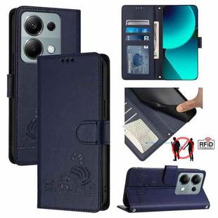 For Xiaomi Redmi Note 13 Pro 4G Global Cat Rat Embossed Pattern RFID Leather Phone Case with Lanyard(Blue)
