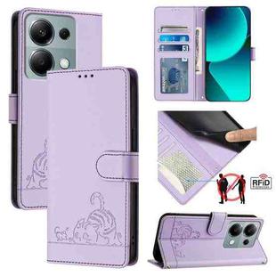 For Xiaomi POCO M6 Pro 4G Cat Rat Embossed Pattern RFID Leather Phone Case with Lanyard(Purple)