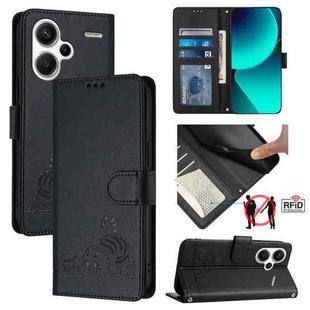 For Xiaomi Redmi Note 13 Pro+ 5G Global Cat Rat Embossed Pattern RFID Leather Phone Case with Lanyard(Black)