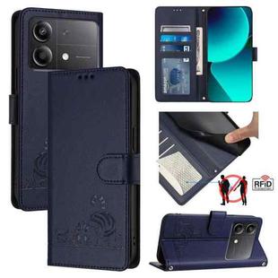 For Xiaomi POCO X6 Neo 5G Global Cat Rat Embossed Pattern RFID Leather Phone Case with Lanyard(Blue)