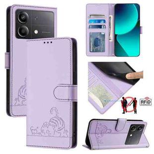 For Xiaomi POCO X6 Neo 5G Global Cat Rat Embossed Pattern RFID Leather Phone Case with Lanyard(Purple)