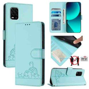 For Xiaomi Mi 10 Lite Cat Rat Embossed Pattern RFID Leather Phone Case with Lanyard(Mint Green)