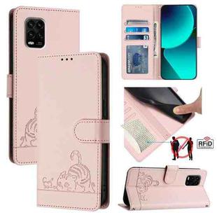 For Xiaomi Mi 10 Lite Cat Rat Embossed Pattern RFID Leather Phone Case with Lanyard(Pink)