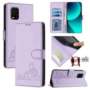 For Xiaomi Mi 10 Lite Cat Rat Embossed Pattern RFID Leather Phone Case with Lanyard(Purple)