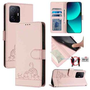 For Xiaomi Mi 10T / 10T Pro Cat Rat Embossed Pattern RFID Leather Phone Case with Lanyard(Pink)