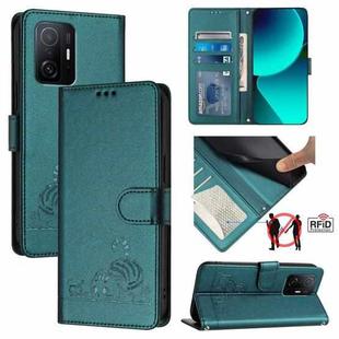 For Xiaomi Mi 10T / 10T Pro Cat Rat Embossed Pattern RFID Leather Phone Case with Lanyard(Peacock Green)