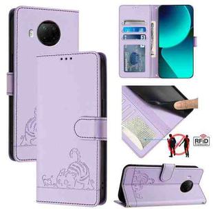 For Xiaomi Mi 10T Lite 5G Cat Rat Embossed Pattern RFID Leather Phone Case with Lanyard(Purple)