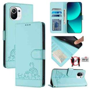 For Xiaomi Mi 11 Cat Rat Embossed Pattern RFID Leather Phone Case with Lanyard(Mint Green)