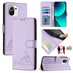 For Xiaomi Mi 11 Cat Rat Embossed Pattern RFID Leather Phone Case with Lanyard(Purple)