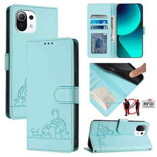For Xiaomi Mi 11 Lite Cat Rat Embossed Pattern RFID Leather Phone Case with Lanyard(Mint Green)