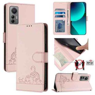 For Xiaomi 12 Lite Cat Rat Embossed Pattern RFID Leather Phone Case with Lanyard(Pink)