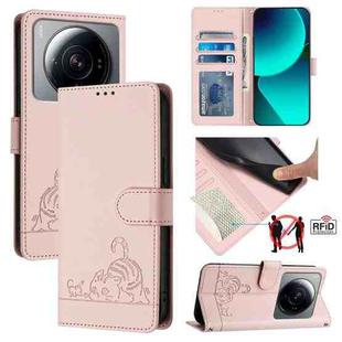 For Xiaomi 12S Ultra Cat Rat Embossed Pattern RFID Leather Phone Case with Lanyard(Pink)