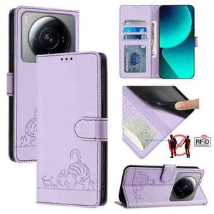 For Xiaomi 12S Ultra Cat Rat Embossed Pattern RFID Leather Phone Case with Lanyard(Purple)