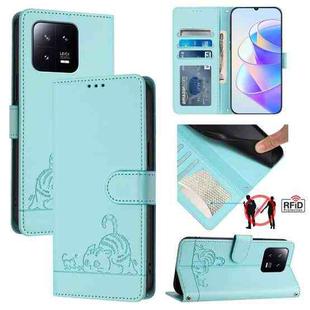 For Xiaomi 13 5G Cat Rat Embossed Pattern RFID Leather Phone Case with Lanyard(Mint Green)