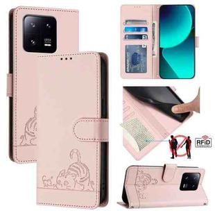 For Xiaomi 13 Pro 5G Cat Rat Embossed Pattern RFID Leather Phone Case with Lanyard(Pink)