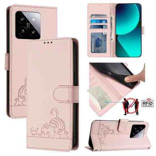 For Xiaomi 14 5G Cat Rat Embossed Pattern RFID Leather Phone Case with Lanyard(Pink)