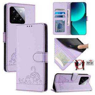 For Xiaomi 14 5G Cat Rat Embossed Pattern RFID Leather Phone Case with Lanyard(Purple)
