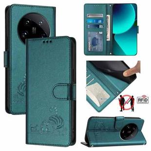 For Xiaomi 14 Ultra 5G Global Cat Rat Embossed Pattern RFID Leather Phone Case with Lanyard(Peacock Green)