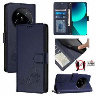 For Xiaomi 14 Ultra 5G Global Cat Rat Embossed Pattern RFID Leather Phone Case with Lanyard(Blue)