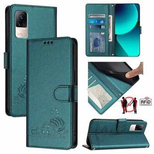 For Xiaomi CIVI / CIVI 1S Cat Rat Embossed Pattern RFID Leather Phone Case with Lanyard(Peacock Green)