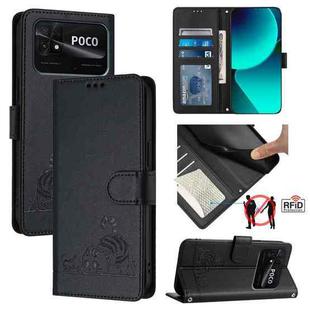 For Xiaomi POCO C40 / Redmi 10C Cat Rat Embossed Pattern RFID Leather Phone Case with Lanyard(Black)