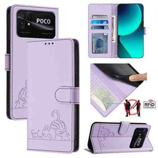 For Xiaomi POCO C40 / Redmi 10C Cat Rat Embossed Pattern RFID Leather Phone Case with Lanyard(Purple)