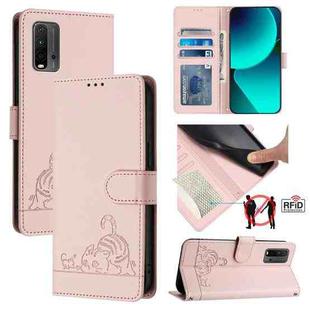 For Xiaomi POCO M3 / Redmi 9T Cat Rat Embossed Pattern RFID Leather Phone Case with Lanyard(Pink)