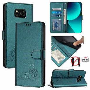 For Xiaomi POCO X3 / X3 NFC / X3 Pro Cat Rat Embossed Pattern RFID Leather Phone Case with Lanyard(Peacock Green)