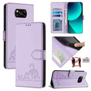 For Xiaomi POCO X3 / X3 NFC / X3 Pro Cat Rat Embossed Pattern RFID Leather Phone Case with Lanyard(Purple)