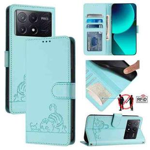 For Xiaomi POCO X6 Pro 5G / Redmi K70e Cat Rat Embossed Pattern RFID Leather Phone Case with Lanyard(Mint Green)