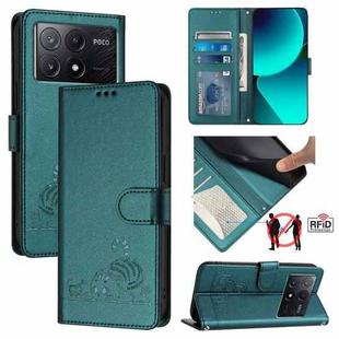 For Xiaomi POCO X6 Pro 5G / Redmi K70e Cat Rat Embossed Pattern RFID Leather Phone Case with Lanyard(Peacock Green)