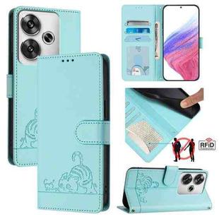 For Xiaomi POCO F6 5G Cat Rat Embossed Pattern RFID Leather Phone Case with Lanyard(Mint Green)