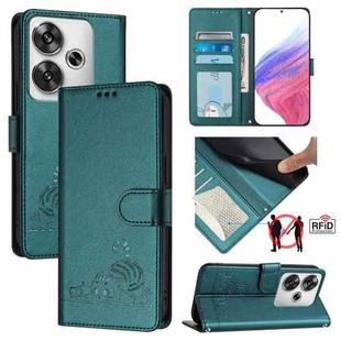 For Xiaomi POCO F6 5G Cat Rat Embossed Pattern RFID Leather Phone Case with Lanyard(Peacock Green)