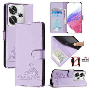 For Xiaomi POCO F6 5G Cat Rat Embossed Pattern RFID Leather Phone Case with Lanyard(Purple)