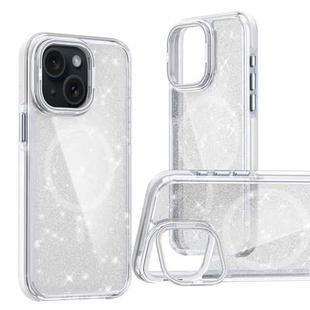 For iPhone 15 Plus Two-color Glitter Powder Lens Holder Magsafe Phone Case(White)