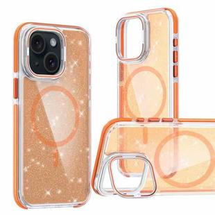 For iPhone 14 Plus Two-color Glitter Powder Lens Holder Magsafe Phone Case(Orange)