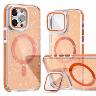 For iPhone 16 Pro Max Two-color Glitter Powder Lens Holder Magsafe Phone Case(Orange)