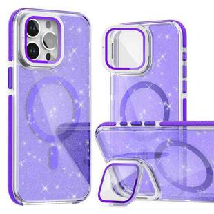 For iPhone 16 Pro Two-color Glitter Powder Lens Holder Magsafe Phone Case(Purple)