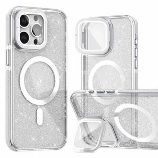 For iPhone 16 Pro Two-color Glitter Powder Lens Holder Magsafe Phone Case(White)