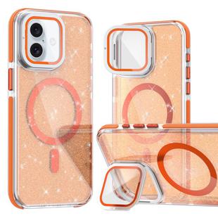 For iPhone 16 Plus Two-color Glitter Powder Lens Holder Magsafe Phone Case(Orange)