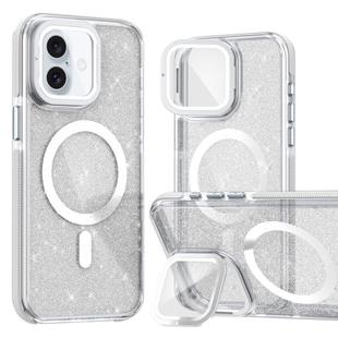 For iPhone 16 Plus Two-color Glitter Powder Lens Holder Magsafe Phone Case(White)