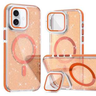 For iPhone 16 Two-color Glitter Powder Lens Holder Magsafe Phone Case(Orange)