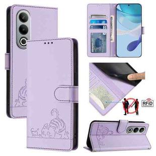 For OnePlus Nord CE4 5G Cat Rat Embossed Pattern RFID Leather Phone Case with Lanyard(Purple)