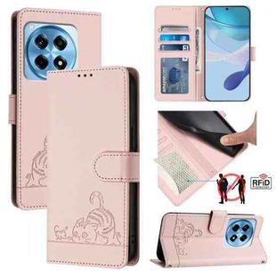 For OnePlus 12R 5G Global Cat Rat Embossed Pattern RFID Leather Phone Case with Lanyard(Pink)